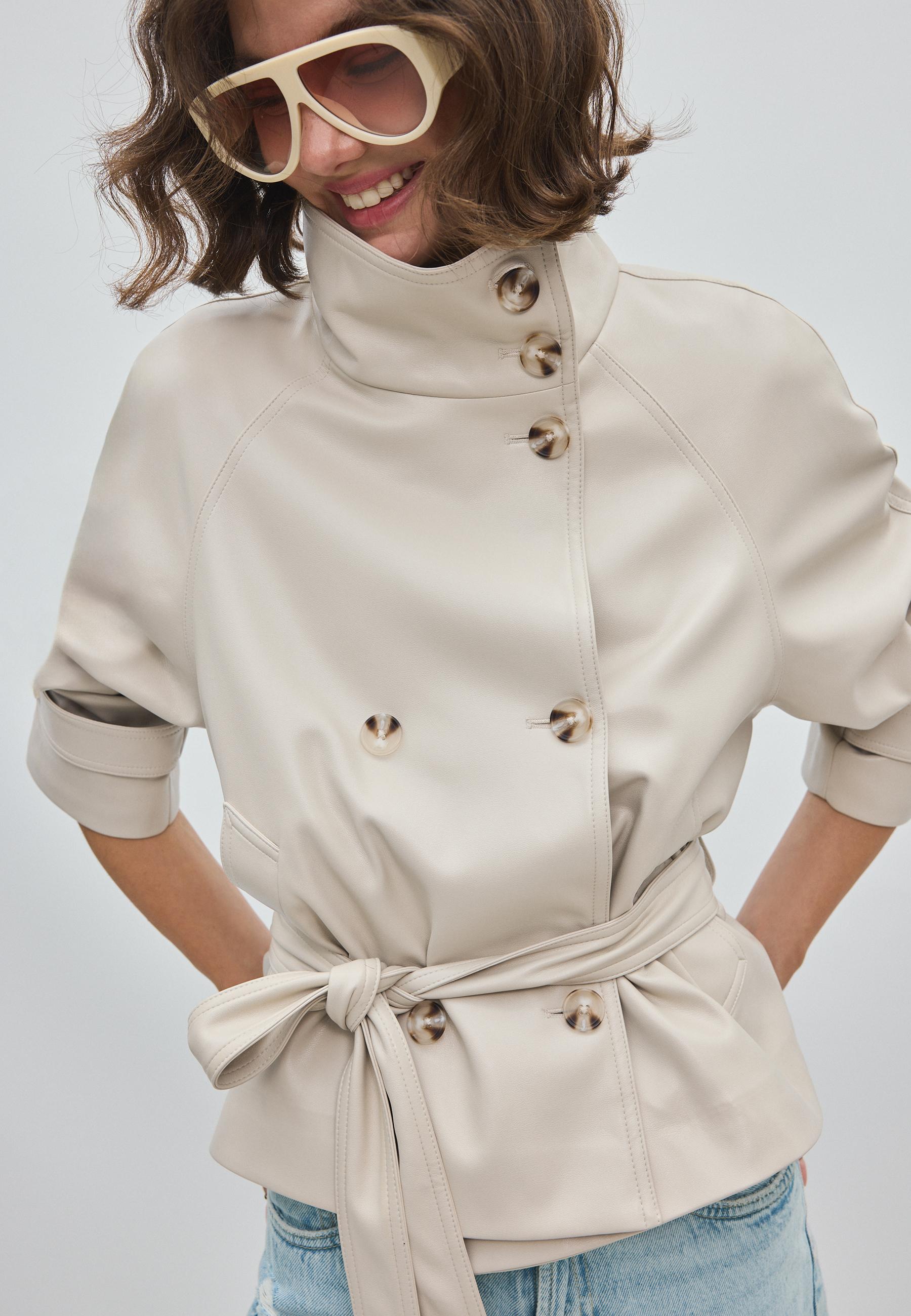 High neck leather effect trench coat — Ecru