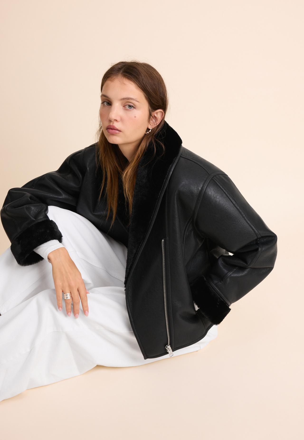 Leather effect shawl neck double-faced jacket — Black