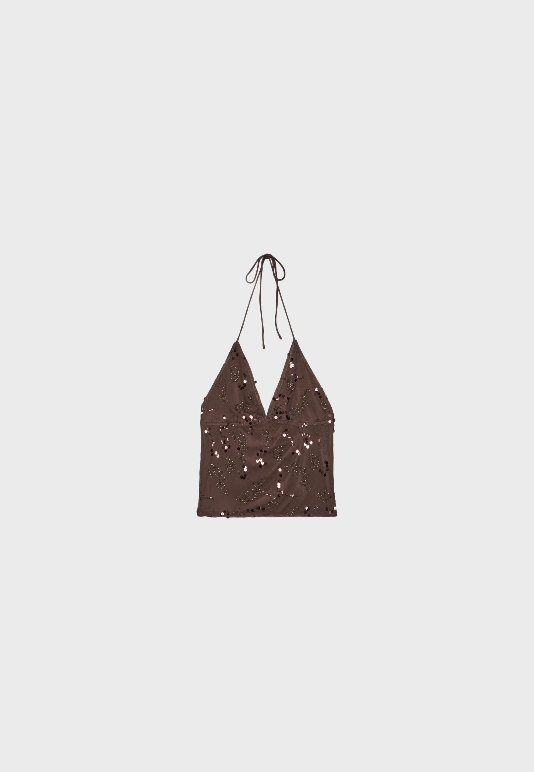 Embroidered sequin halter top — Brown