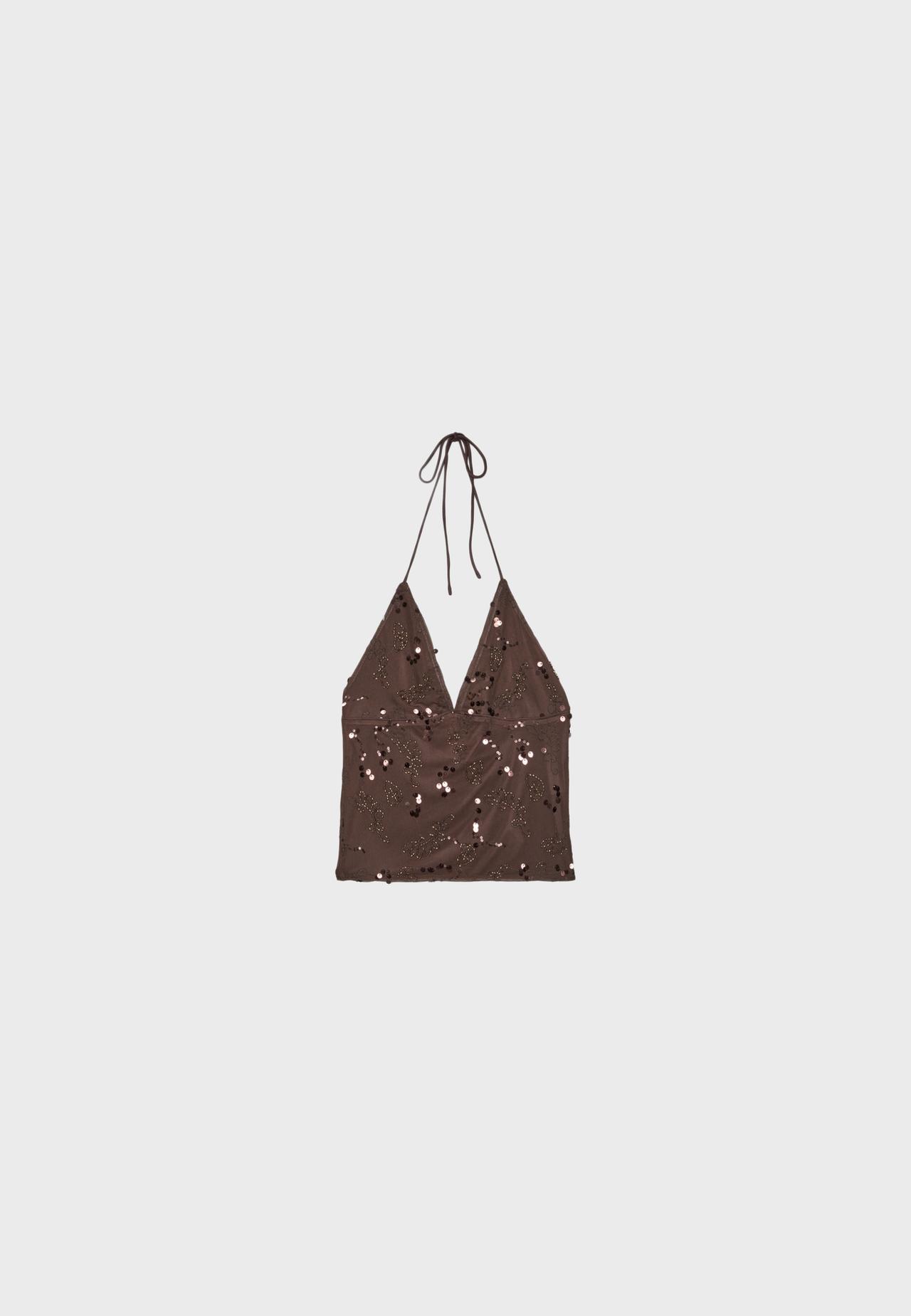 Rhinestones embroidered halter top — Brown