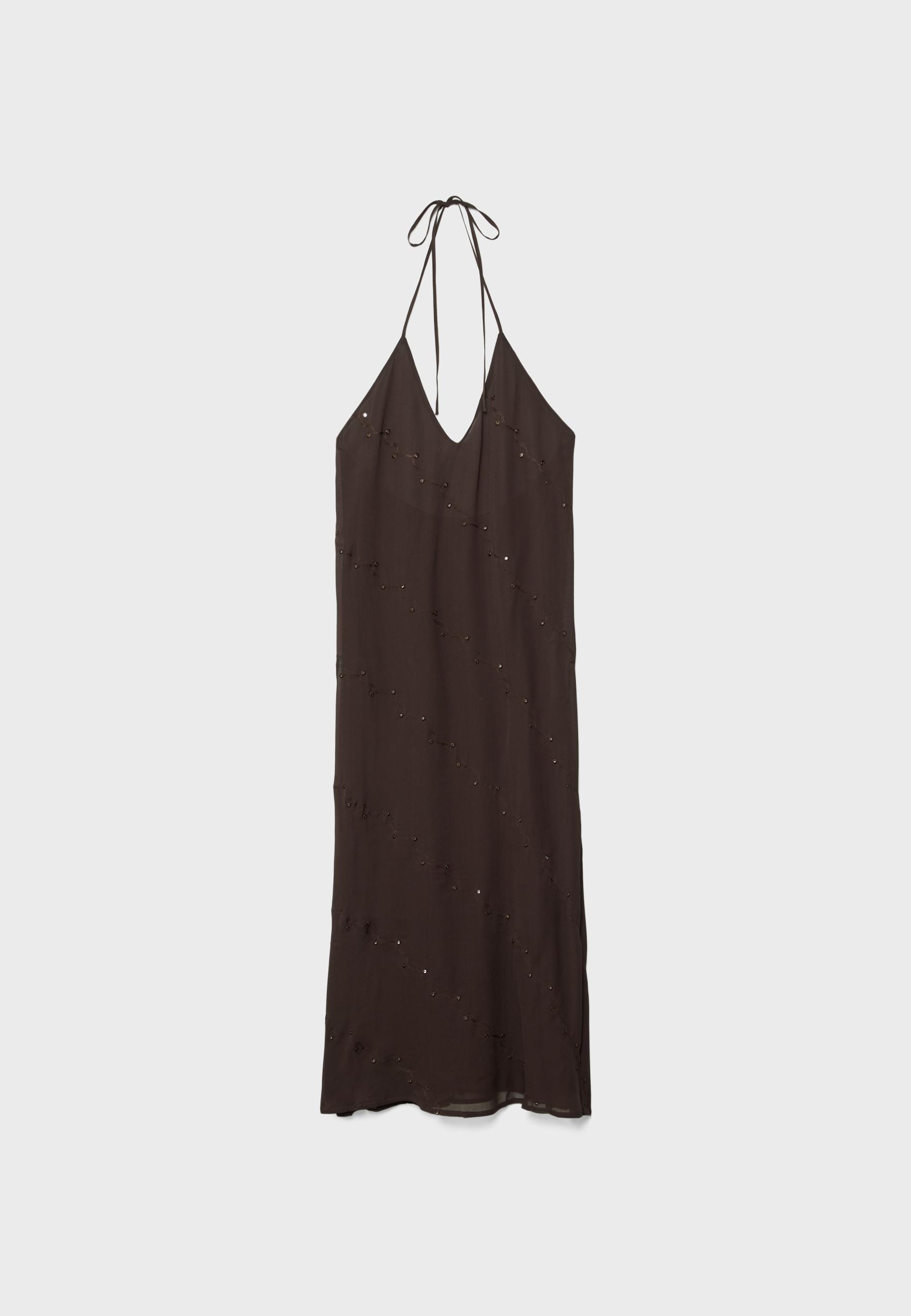 Long halter embroidered dress — Brown