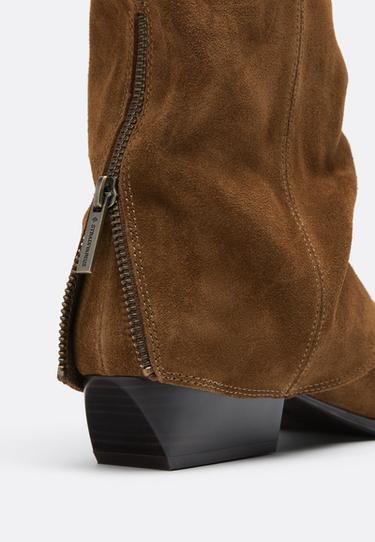 Leather footed leggings mid-heel ankle boots — TAN  4