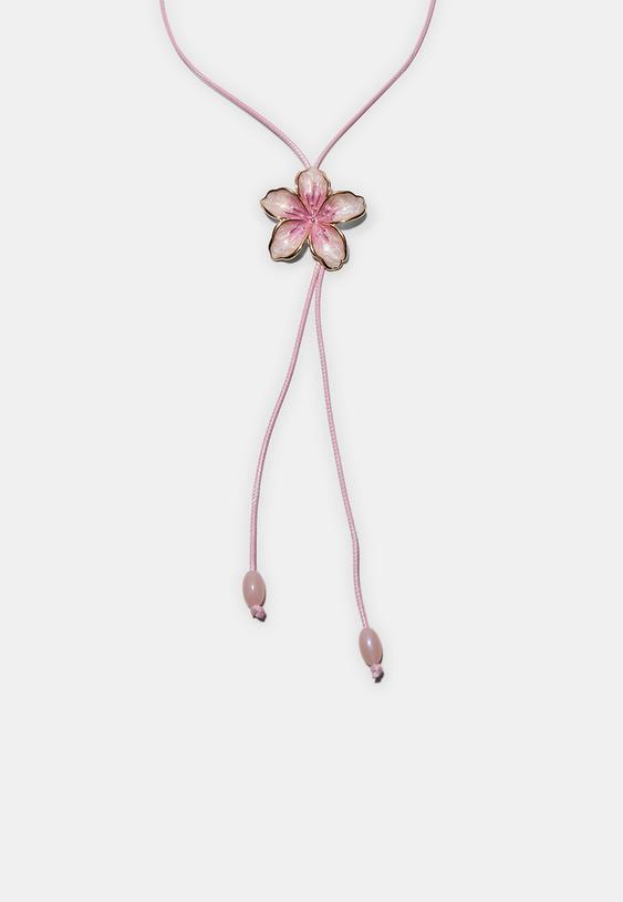 Stradivarius Enamel Flower Cord Necklace Pastel Pink Os
