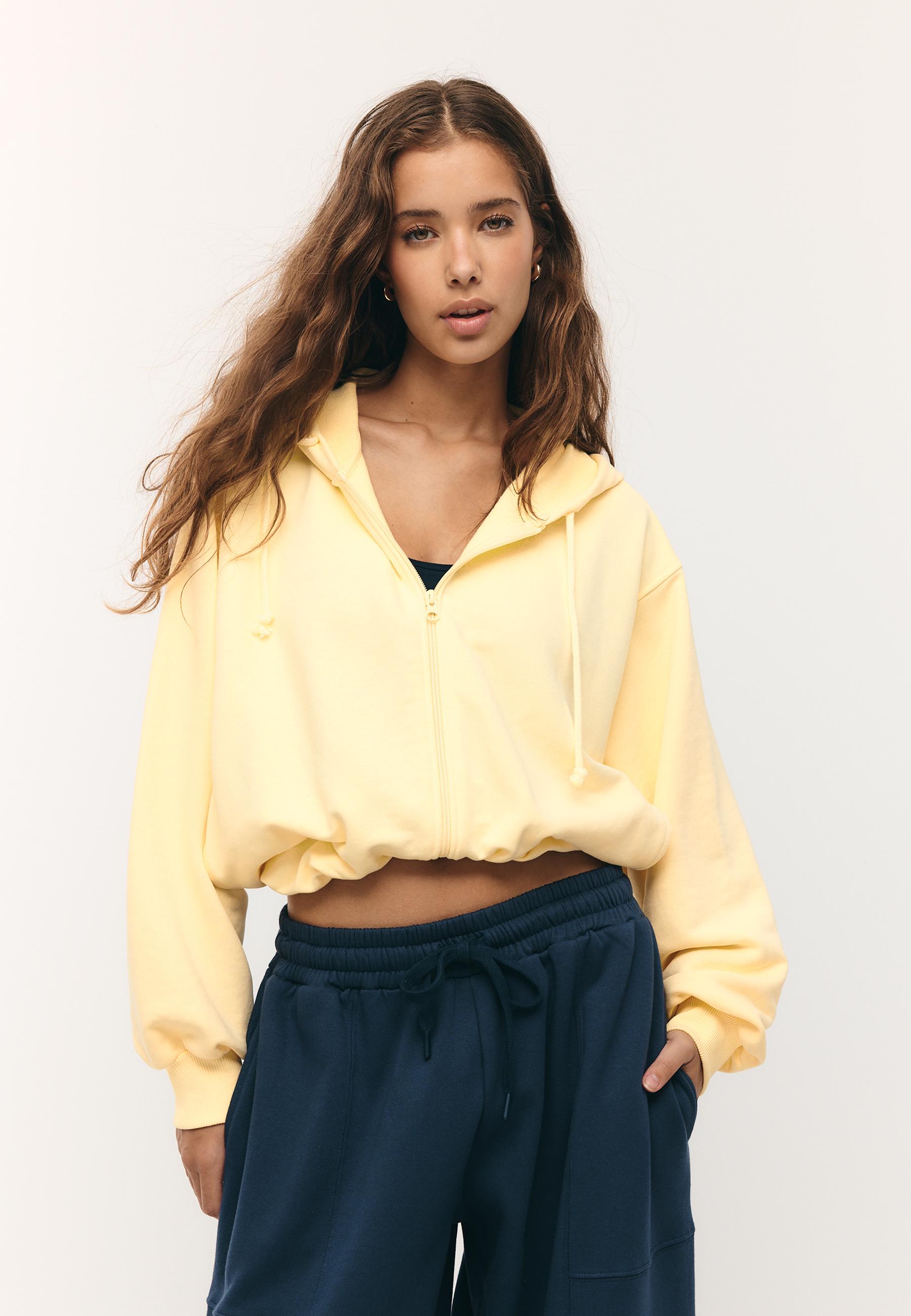 Printed Hooded Bomber Sweatshirt — Pastel yellow