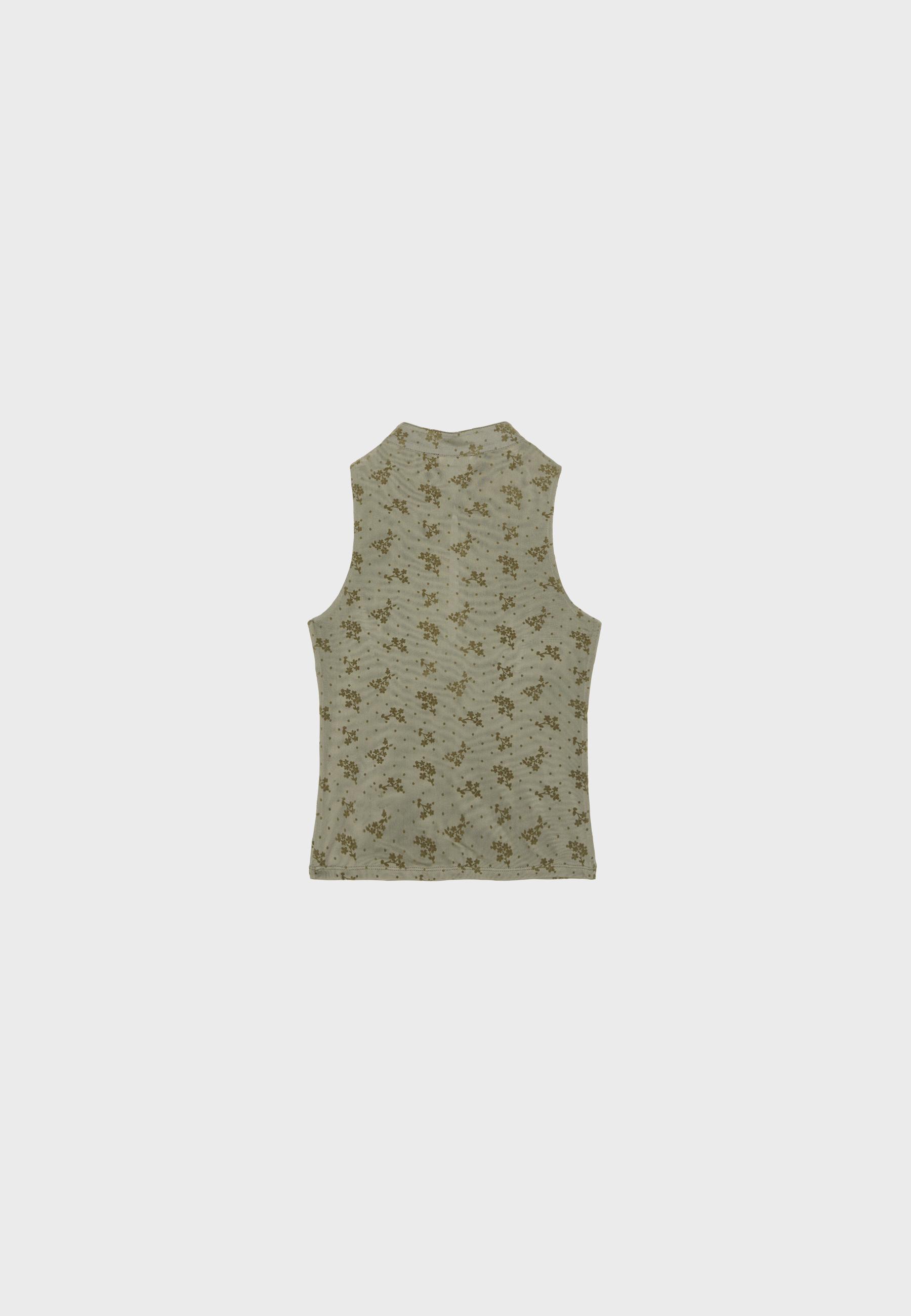 Sleeveless stand collar top with split — Olive green