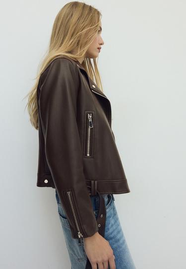 Leather effect biker jacket — Brown 6