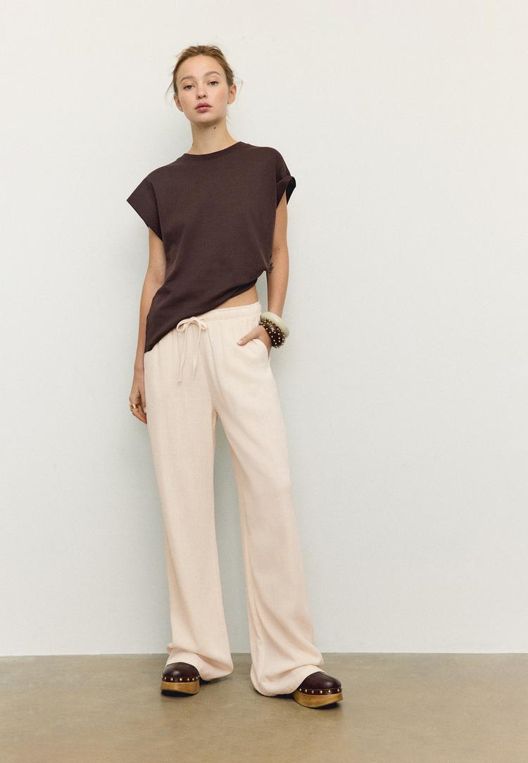 Stradivarius Soepelvallende Broek Met Linnenlook Steen Xl