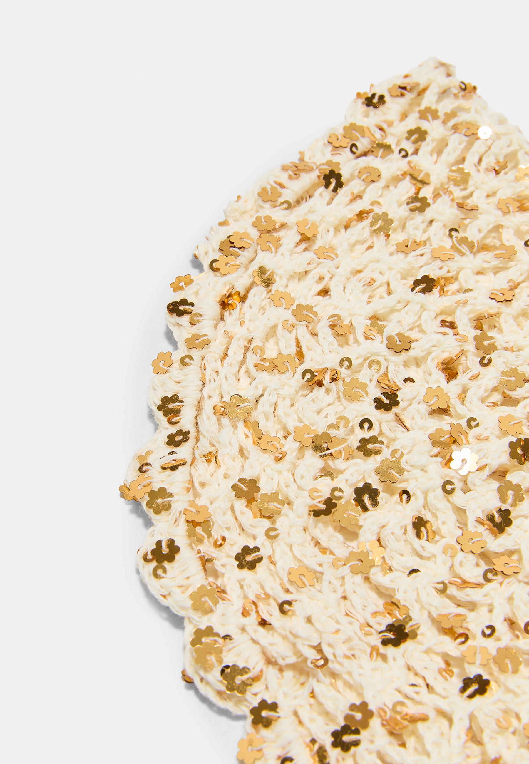 Floral sequin skull cap — Ecru