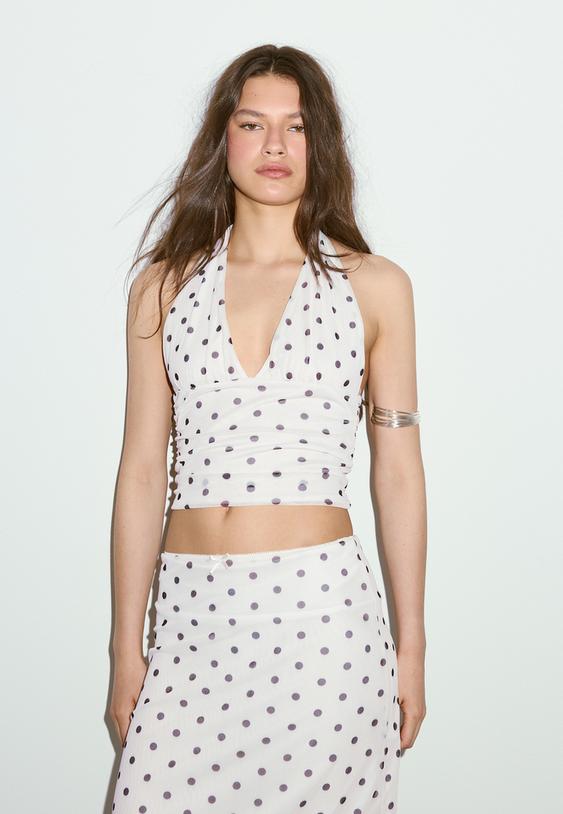 top halter a rete stampato a pois
