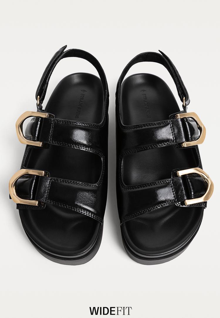 wide fit flat slider sandals with buckles