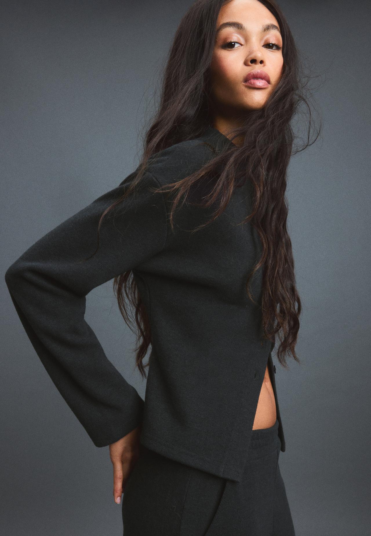 Stand collar knit cardigan — Dark grey