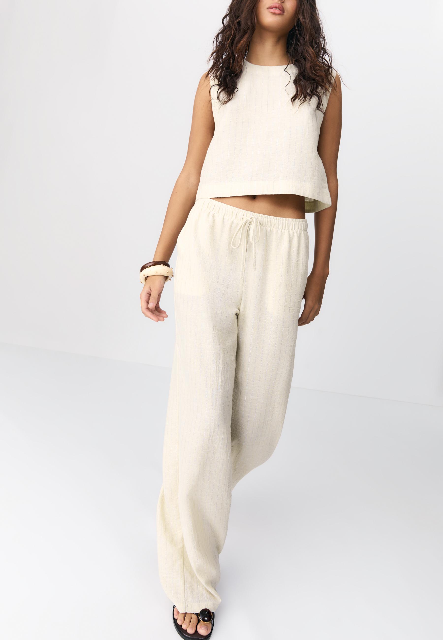 Flowing metallic thread linen-effect trousers — Stone
