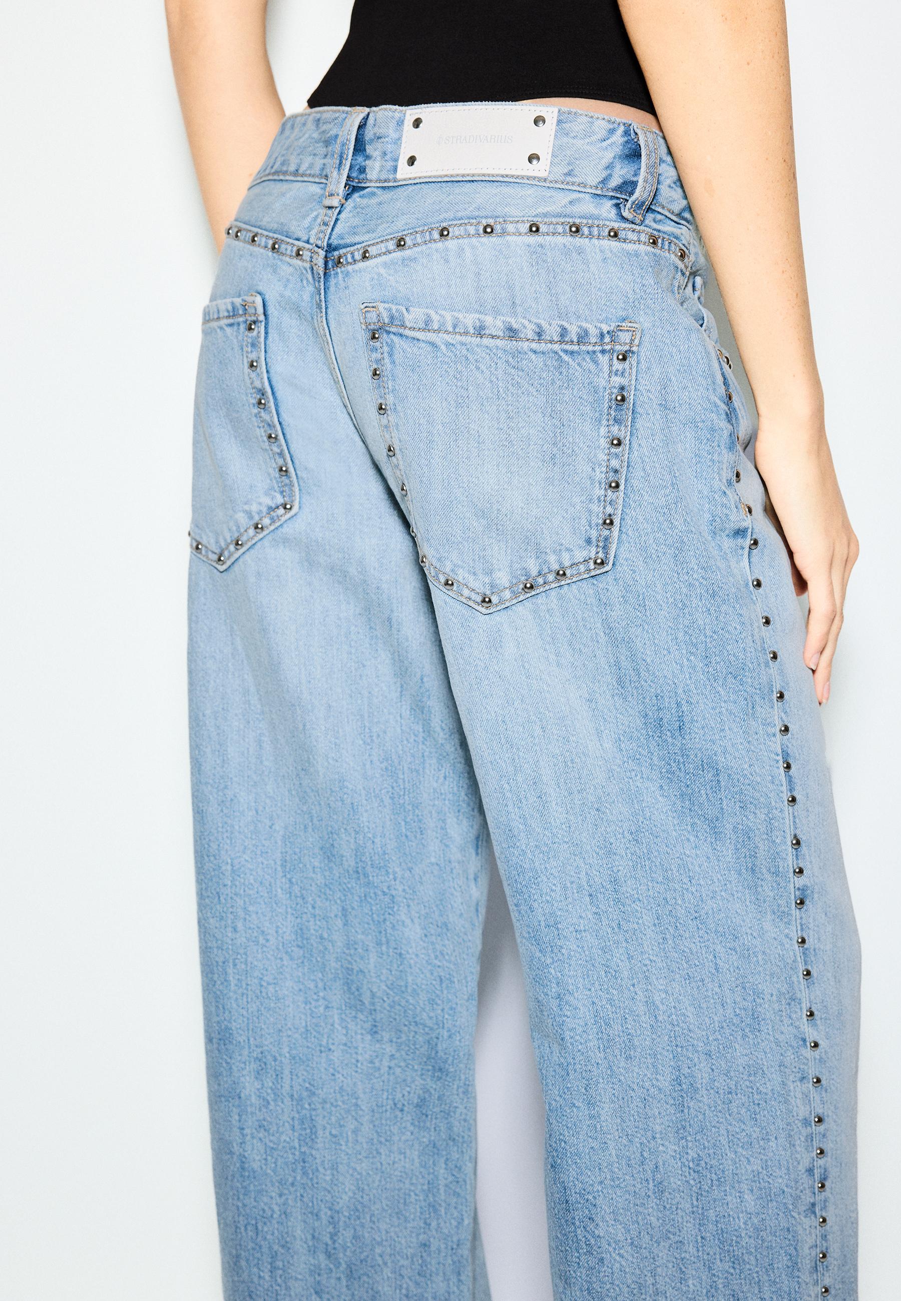 Wide-leg loose studded jeans — MEDIUM LIGHT BLUE DENIM