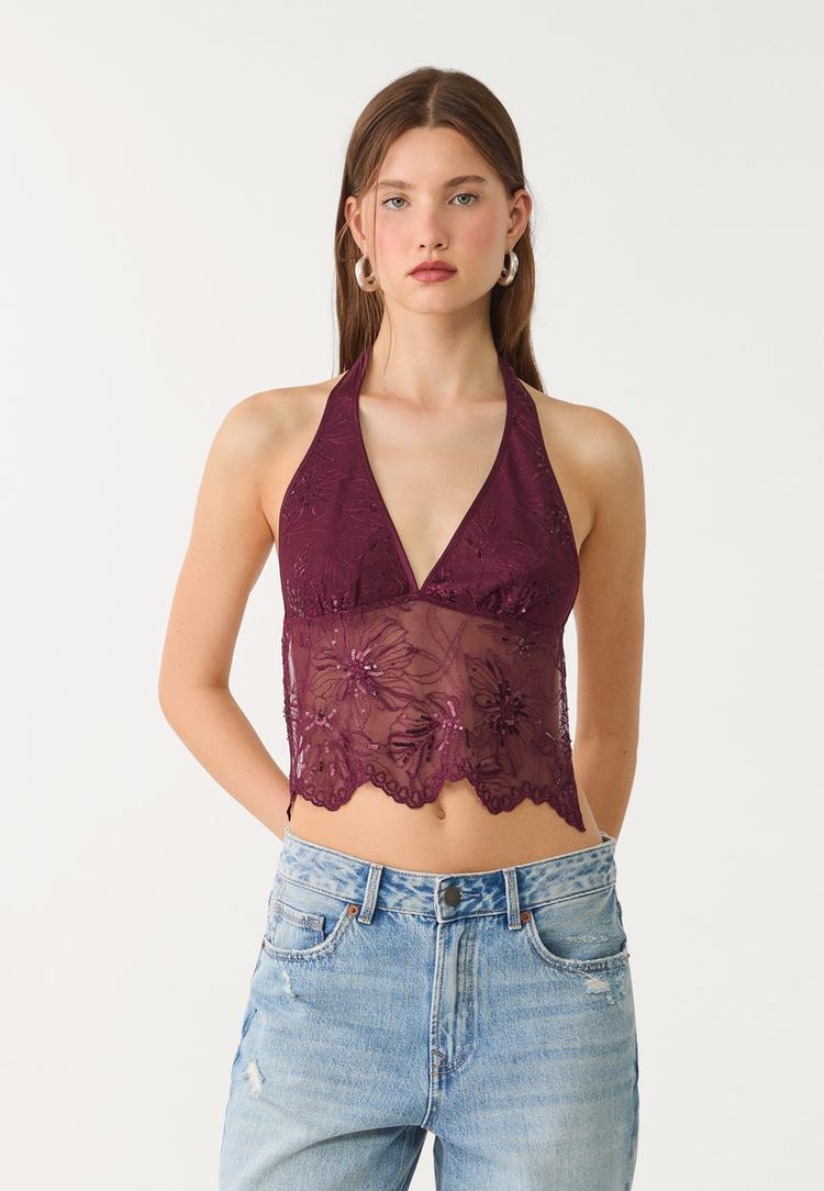 top halter bordado brillos