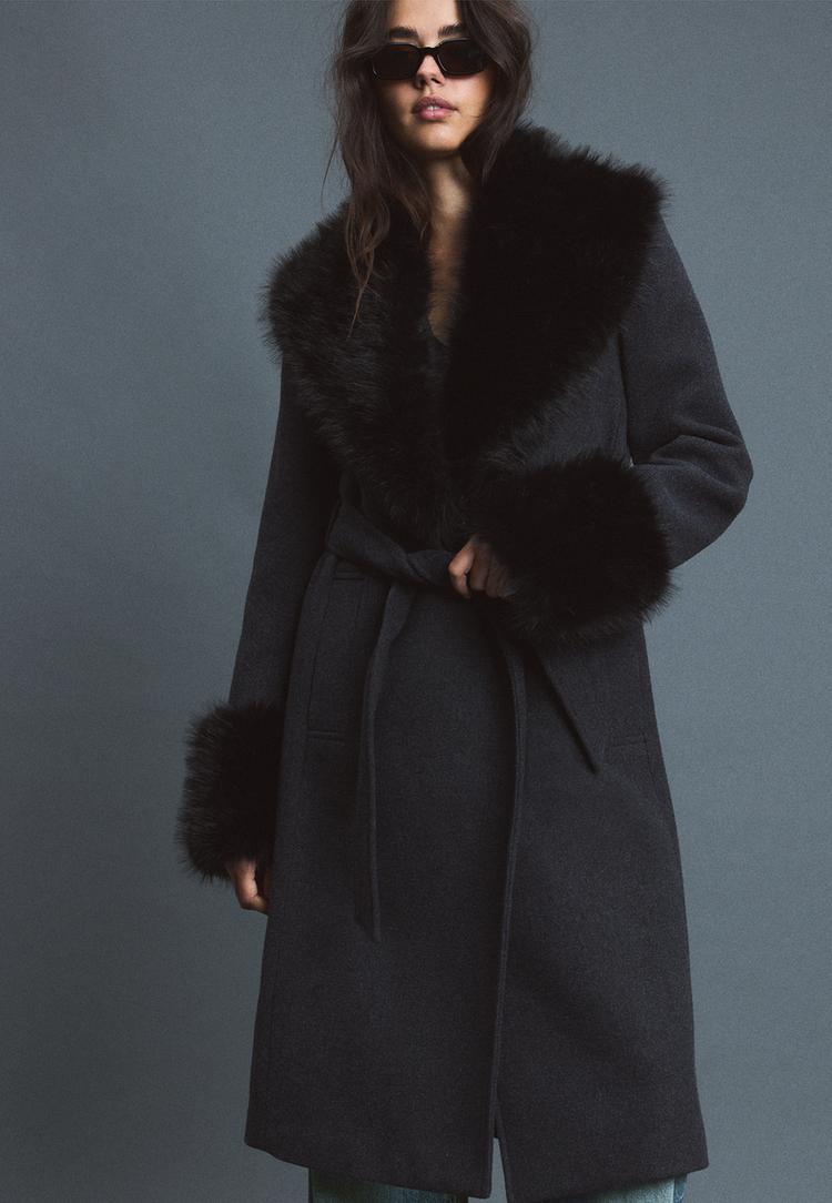 Felt texture coat with faux fur collar — Charcoal Grey