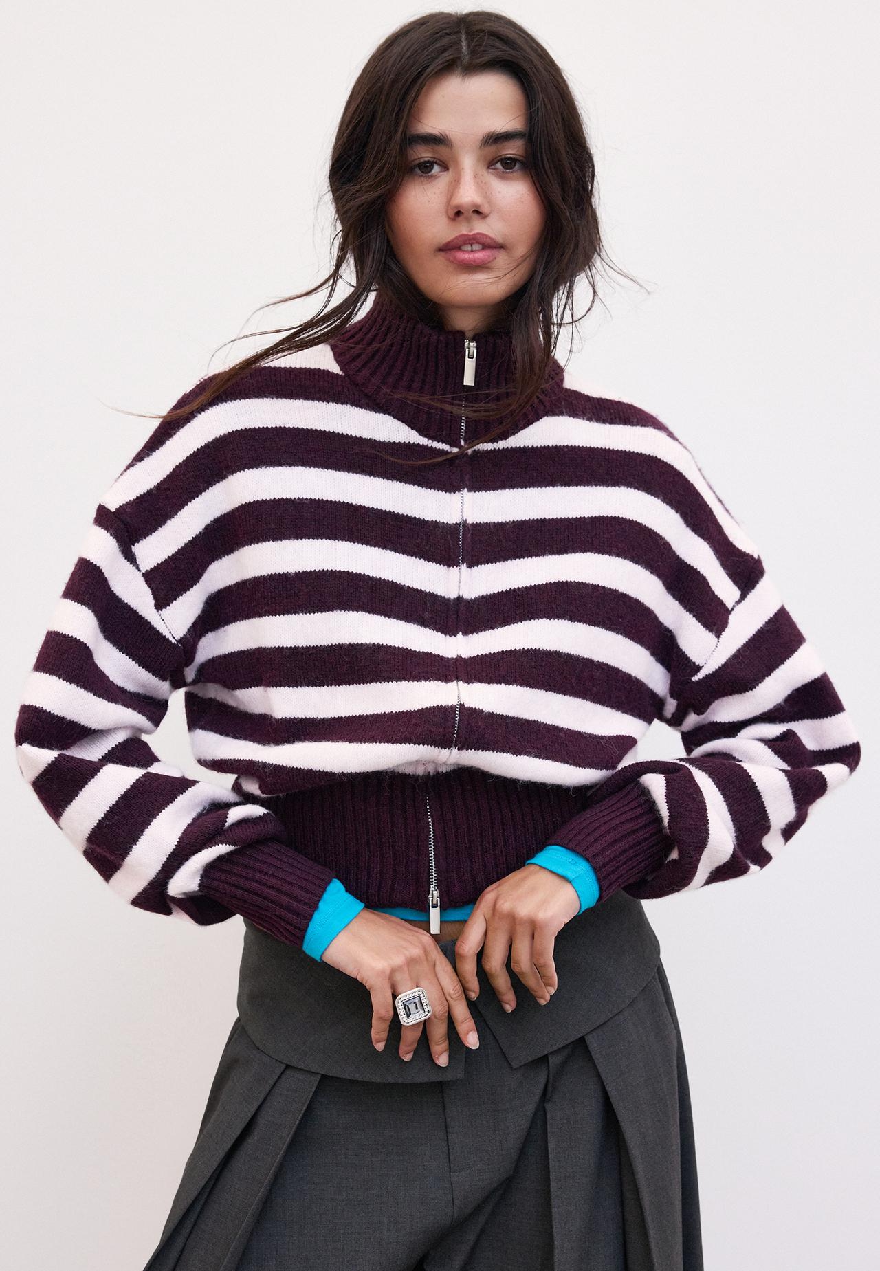 Striped zip-up knit cardigan — Dark purple