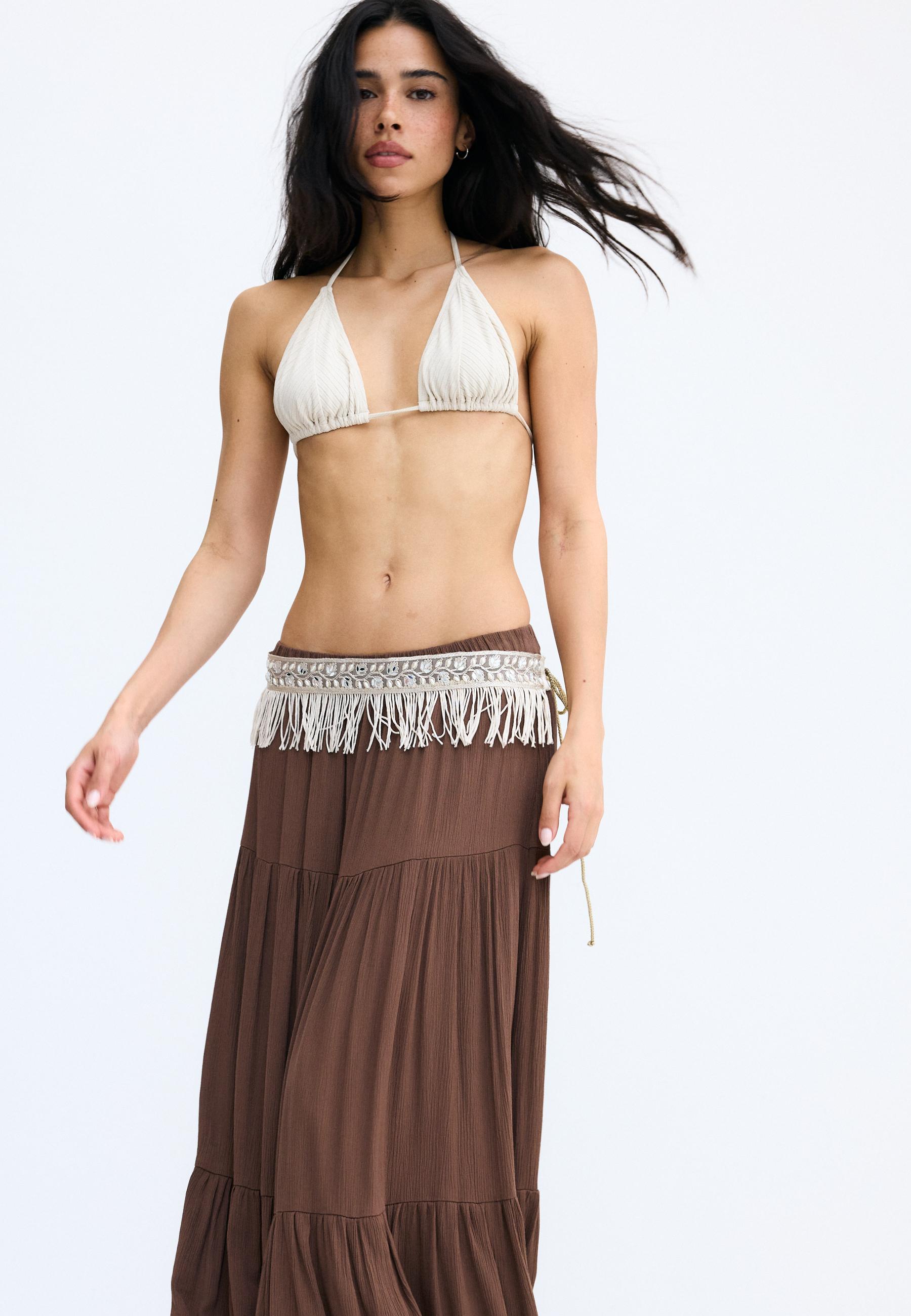 Faux pearl and fringe belt — Ecru