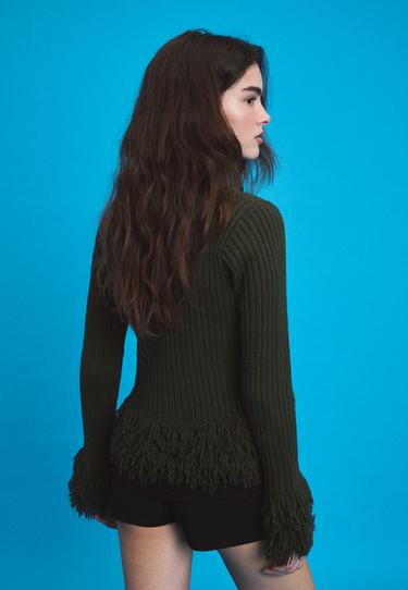 Fringed knit cardigan — Khaki 5