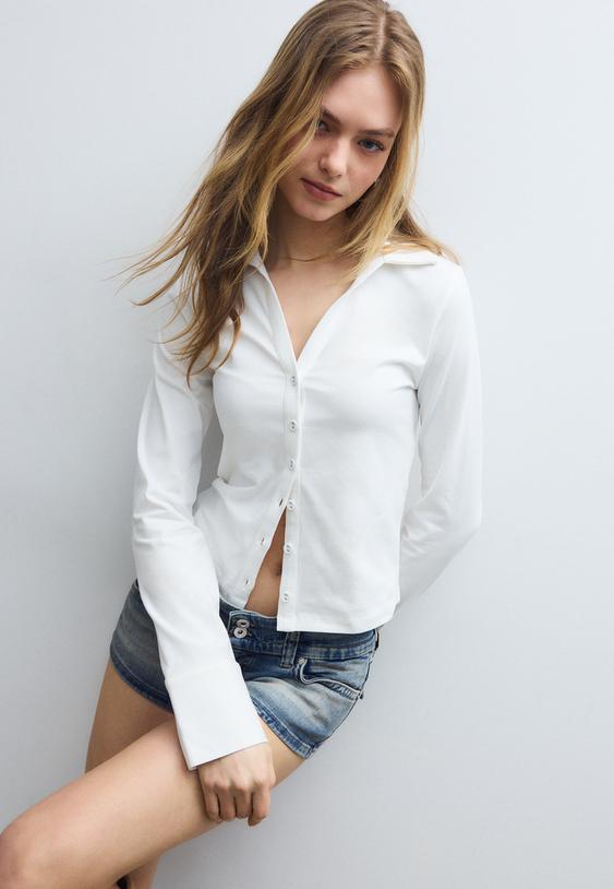 Stradivarius Knit Shirt With Buttons White L