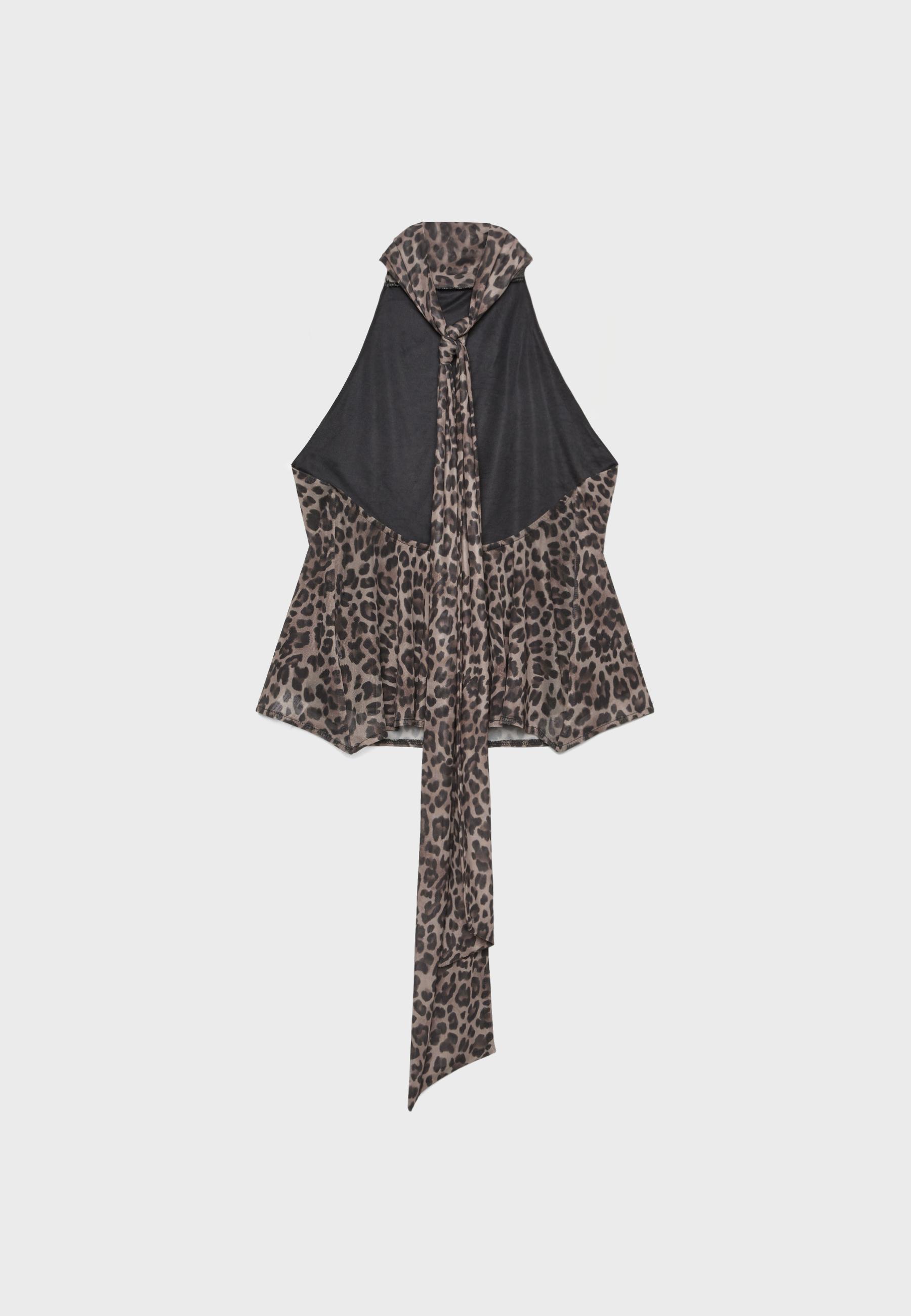 Printed tulle halter scarf top — Mid beige