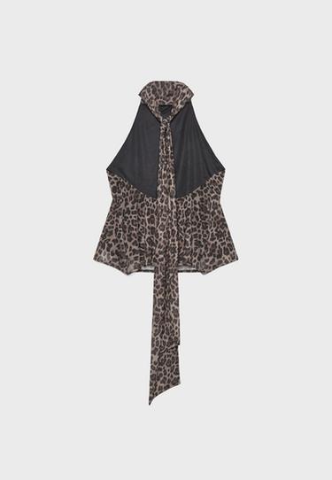 Printed tulle halter scarf top — Mid beige 8