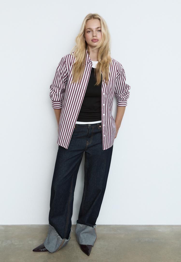 camicia basic a righe con tasca in popeline