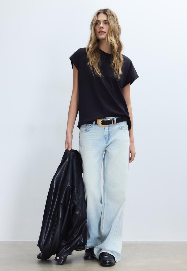 Stradivarius B06 Μπλούζα Basic Με Ριχτούς Ώμους Μαύρο Xl