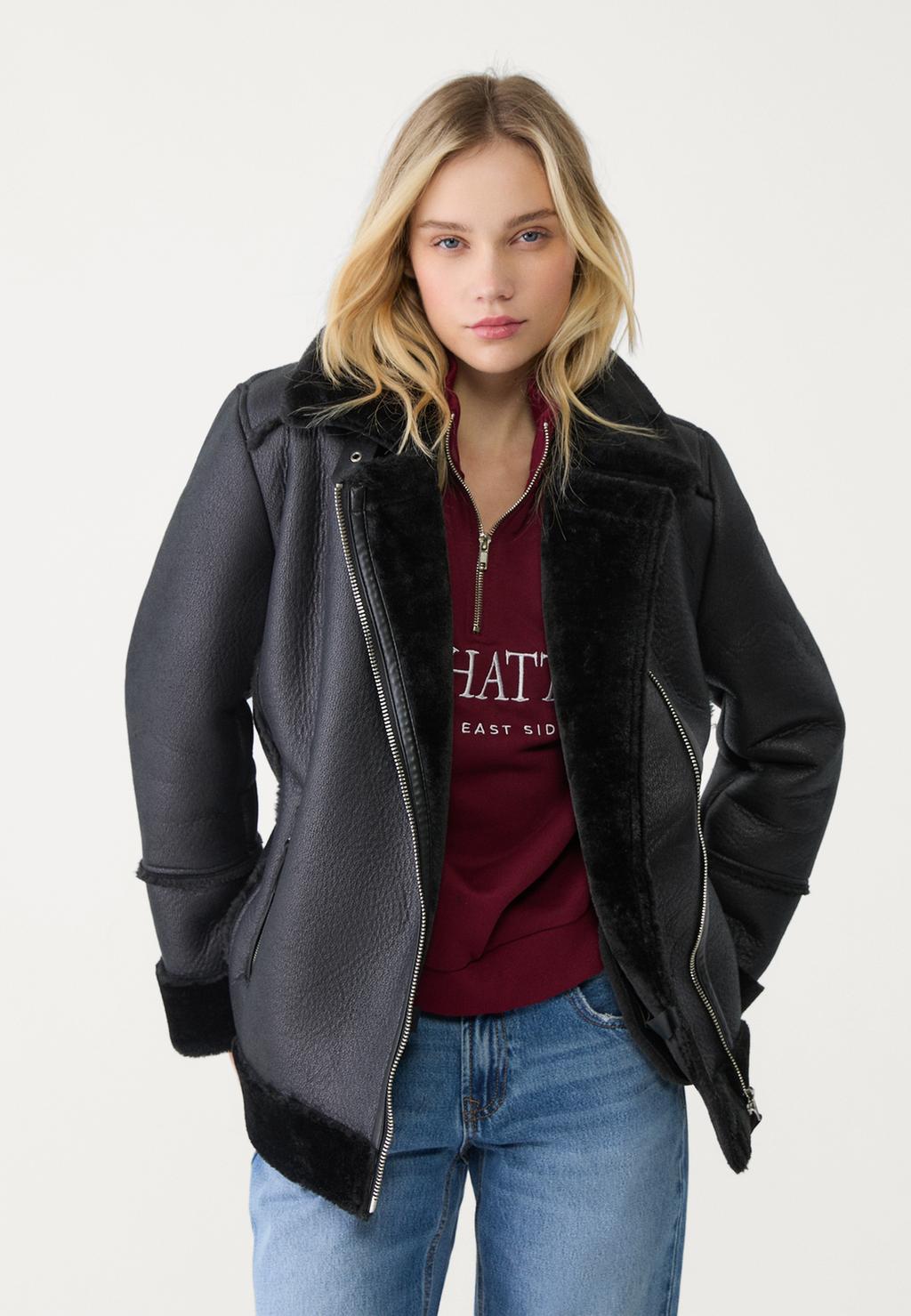 Soft faux fur double-faced biker jacket