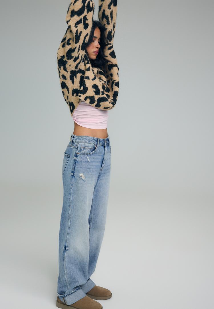 Stradivarius D92 Jeans Straight Wide Med Revor Blå Denim 32