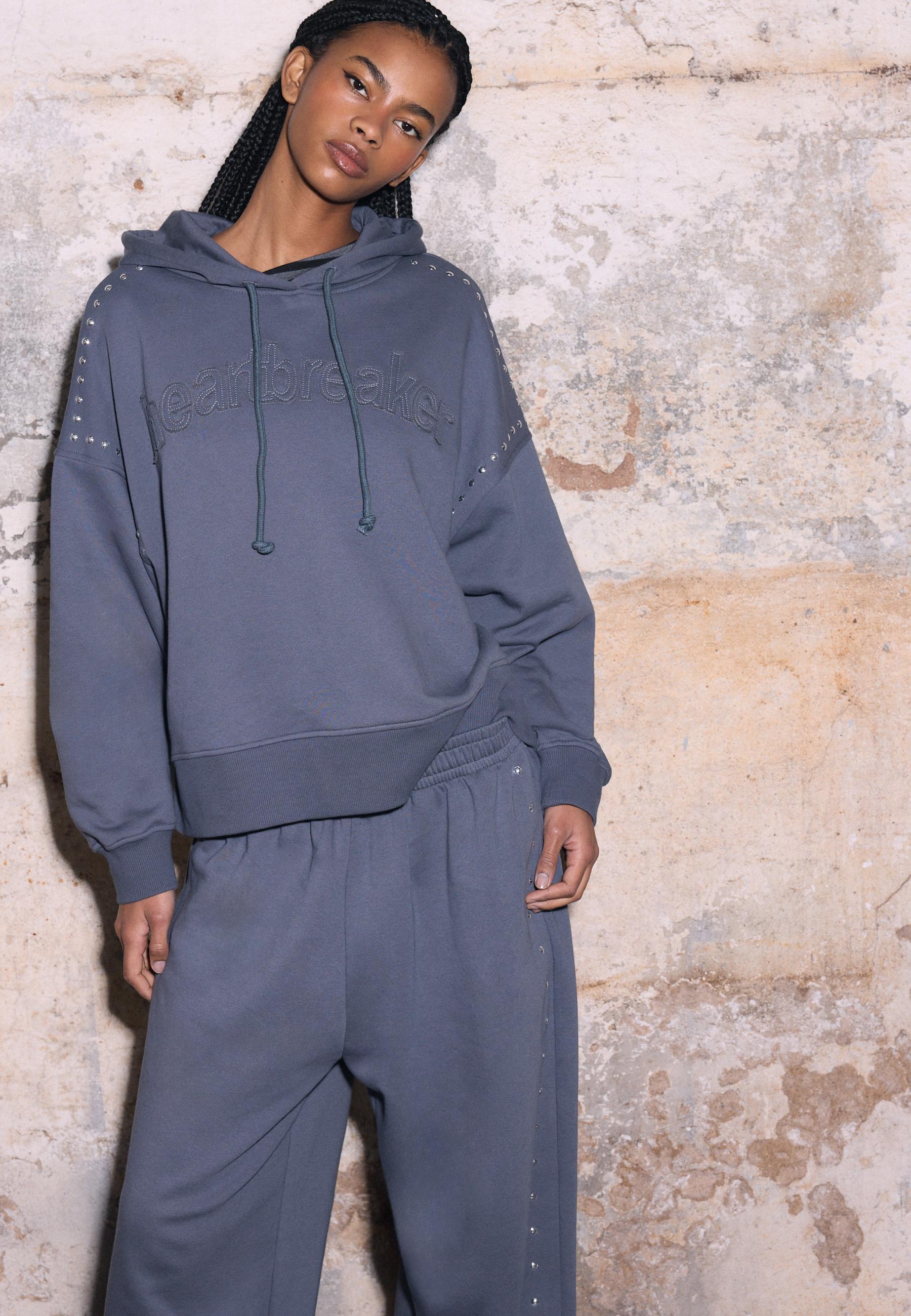 Studded Embroidered Hooded Sweatshirt — Dark grey