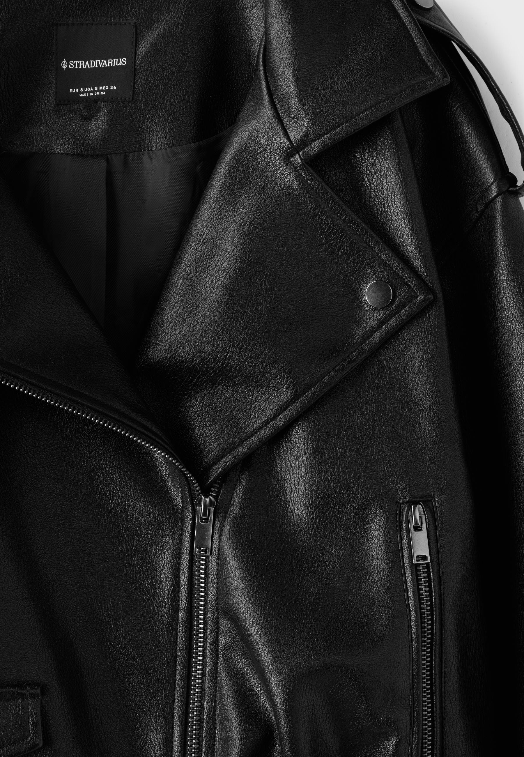 Leather effect balloon sleeve biker jacket — Black