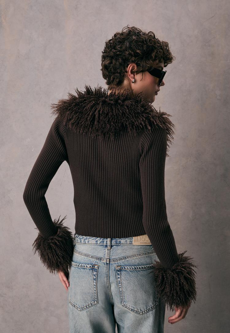 knit cardigan with detachable faux fur