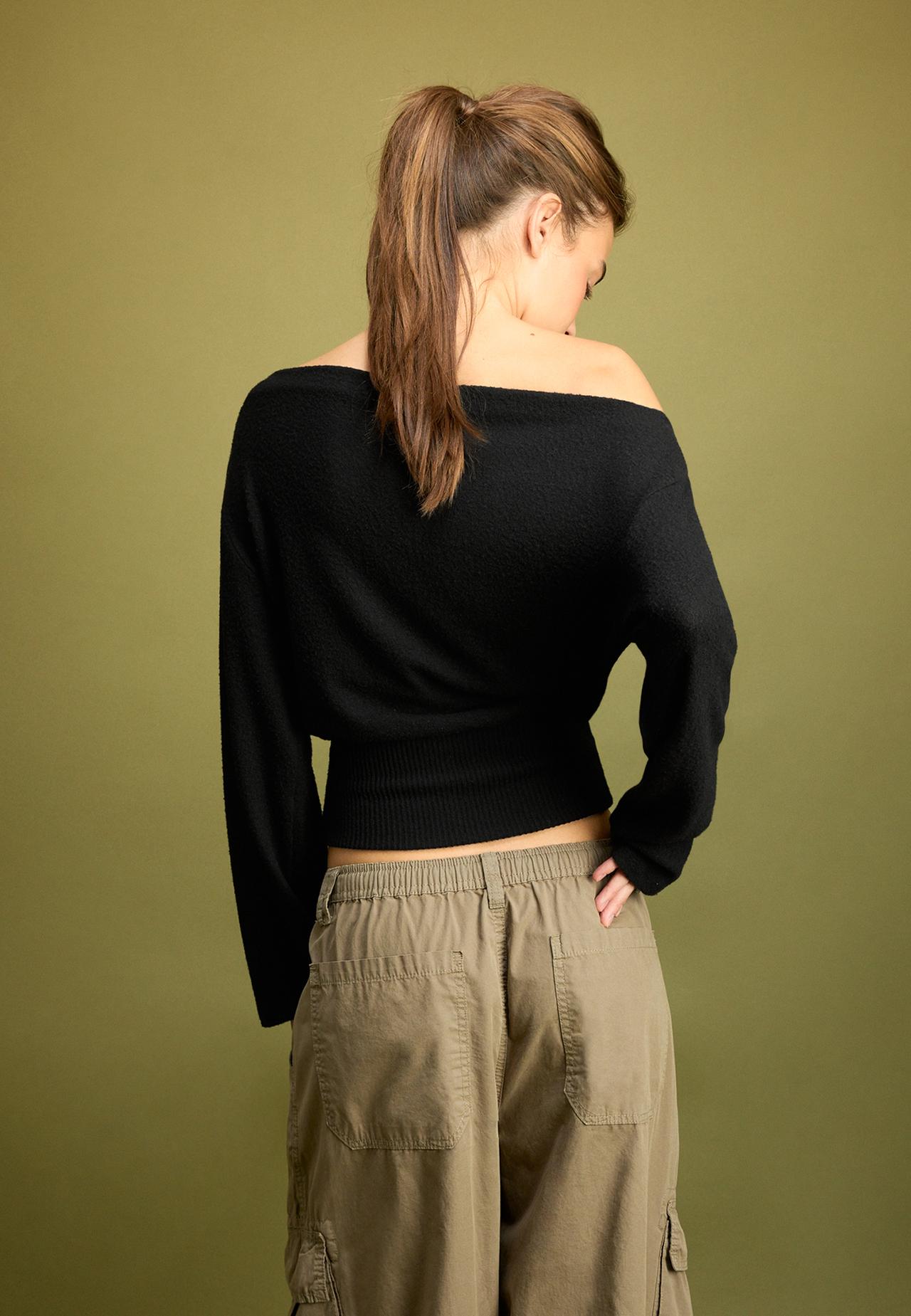 Boat neck T-shirt with waistband — Black