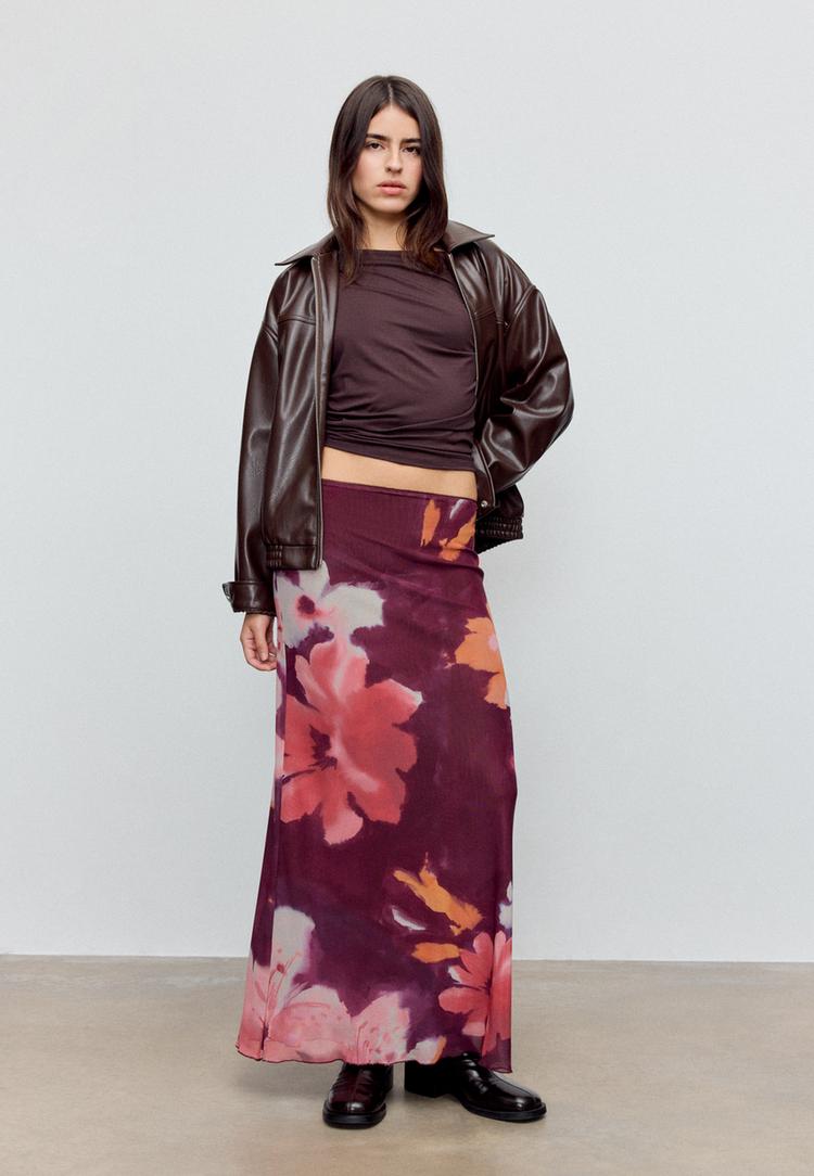 saia midi de tule estampado