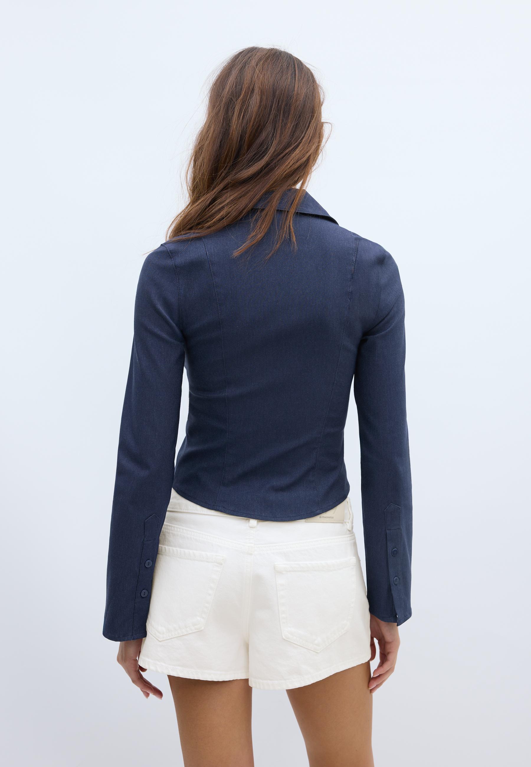 Fitted double zip bengaline denim shirt — OVERDYED BLUE DENIM