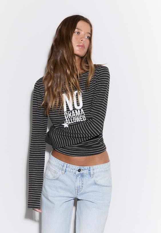 Stradivarius Boat Neck Striped Positional T-Shirt Dark Grey M