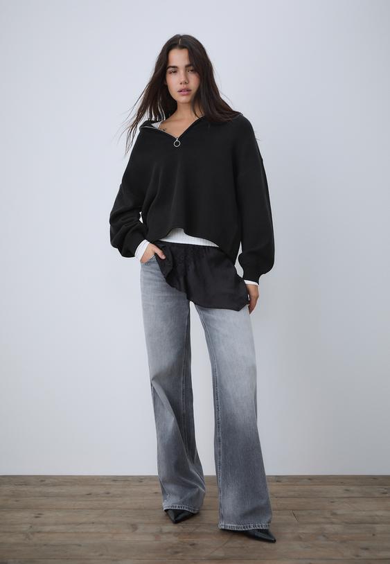 Stradivarius Knit Jumper With Zip Black L