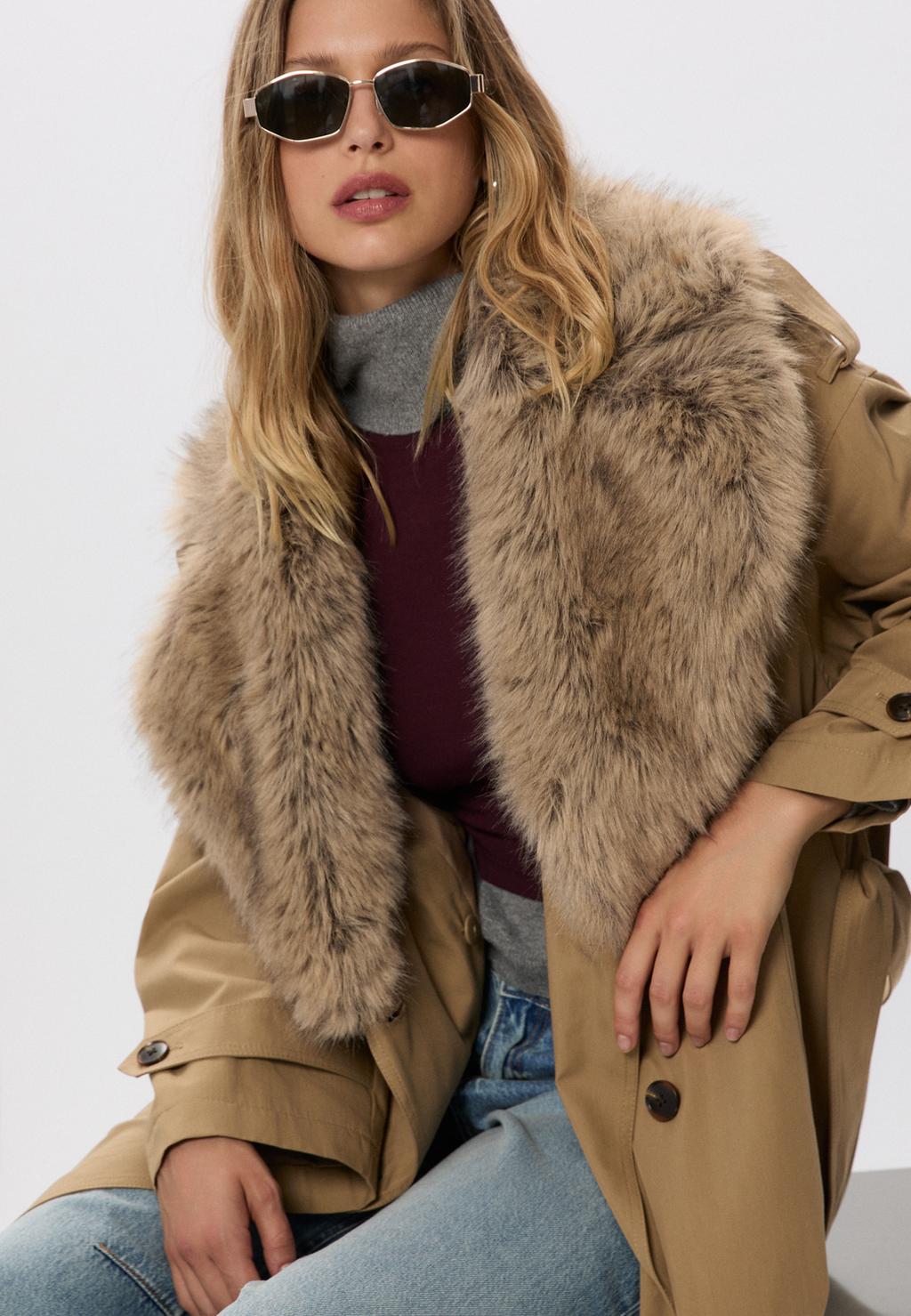 Long quilted trench coat with faux fur detail