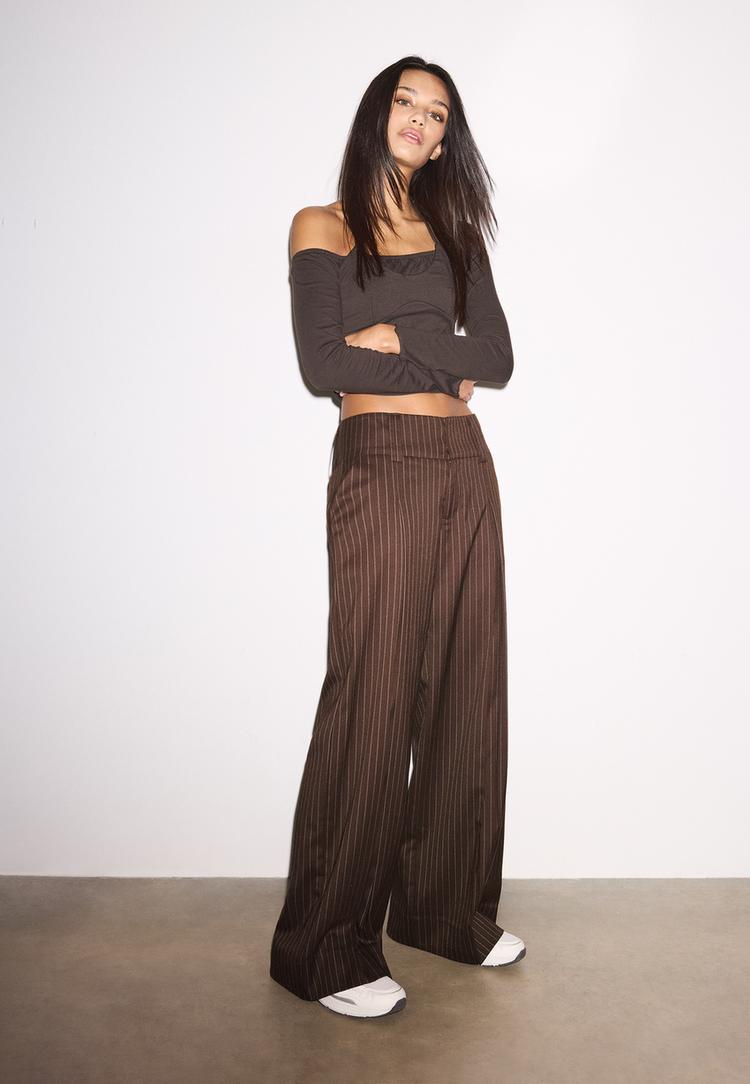 Stradivarius Παντελόνι Αμπιγιέ Με Ριγέ Ζώνη Μέσης Καφέ 44