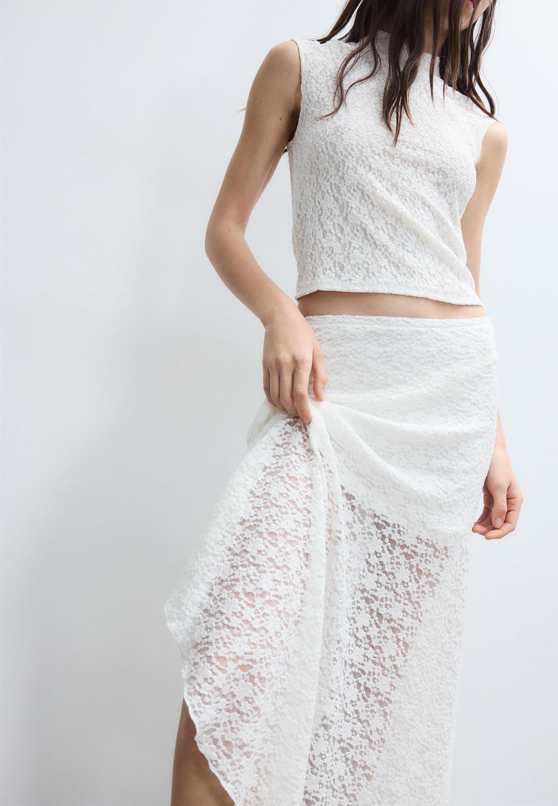 Asymmetric lace midi skirt — Ecru
