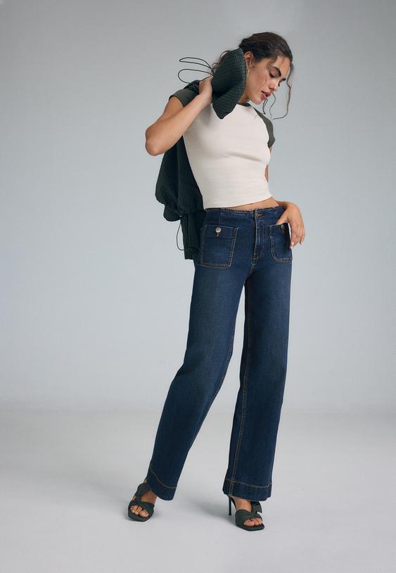jeans minimalistas d77 com bolsos