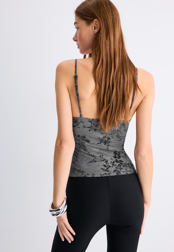 Stradivarius Fitted Flocked Lace Top Dark Grey S