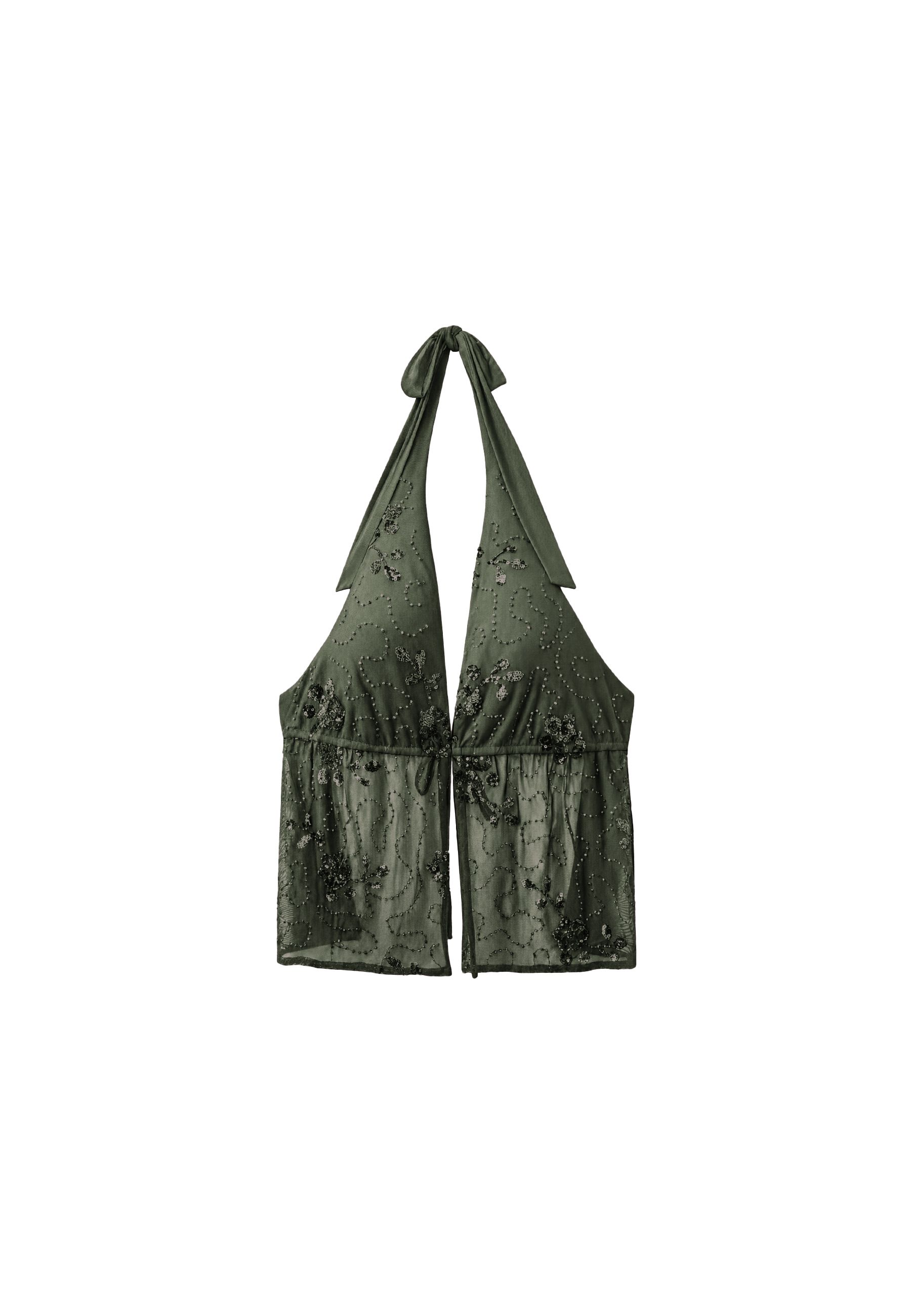Embroidered halter top with rhinestones — Khaki