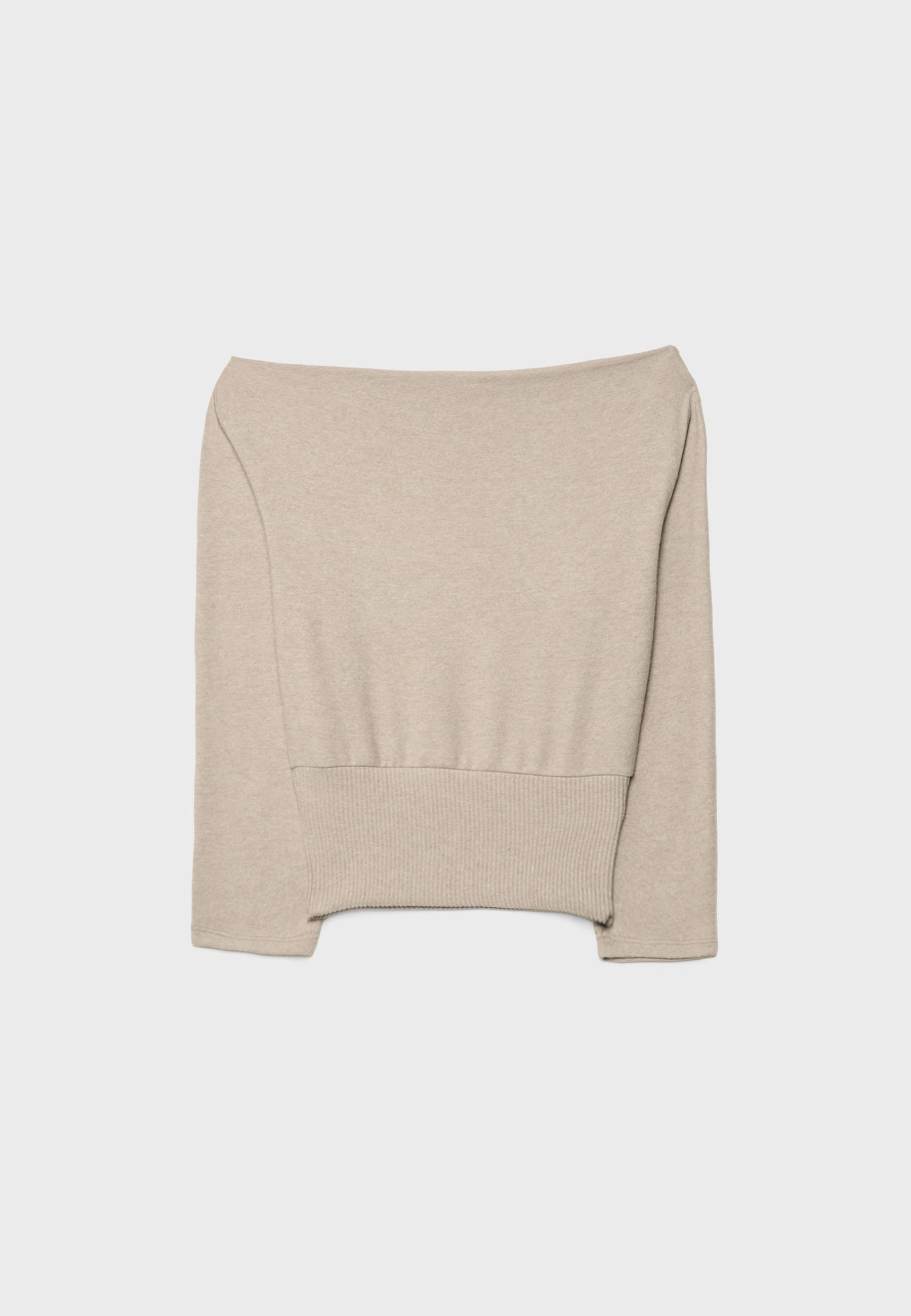 Boat neck knit T-shirt with sash belt — Stone