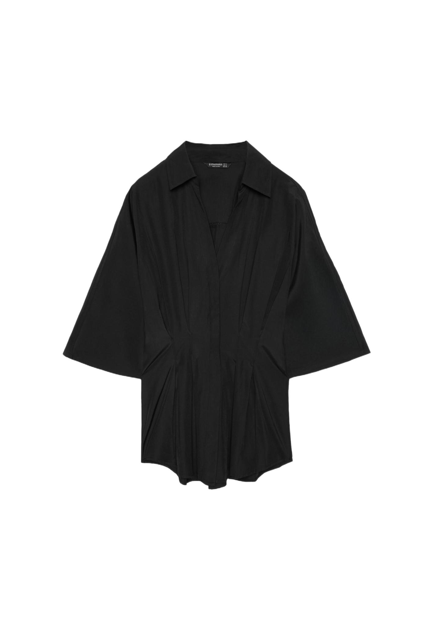 Fitted kimono sleeve shirt with pleats — Black