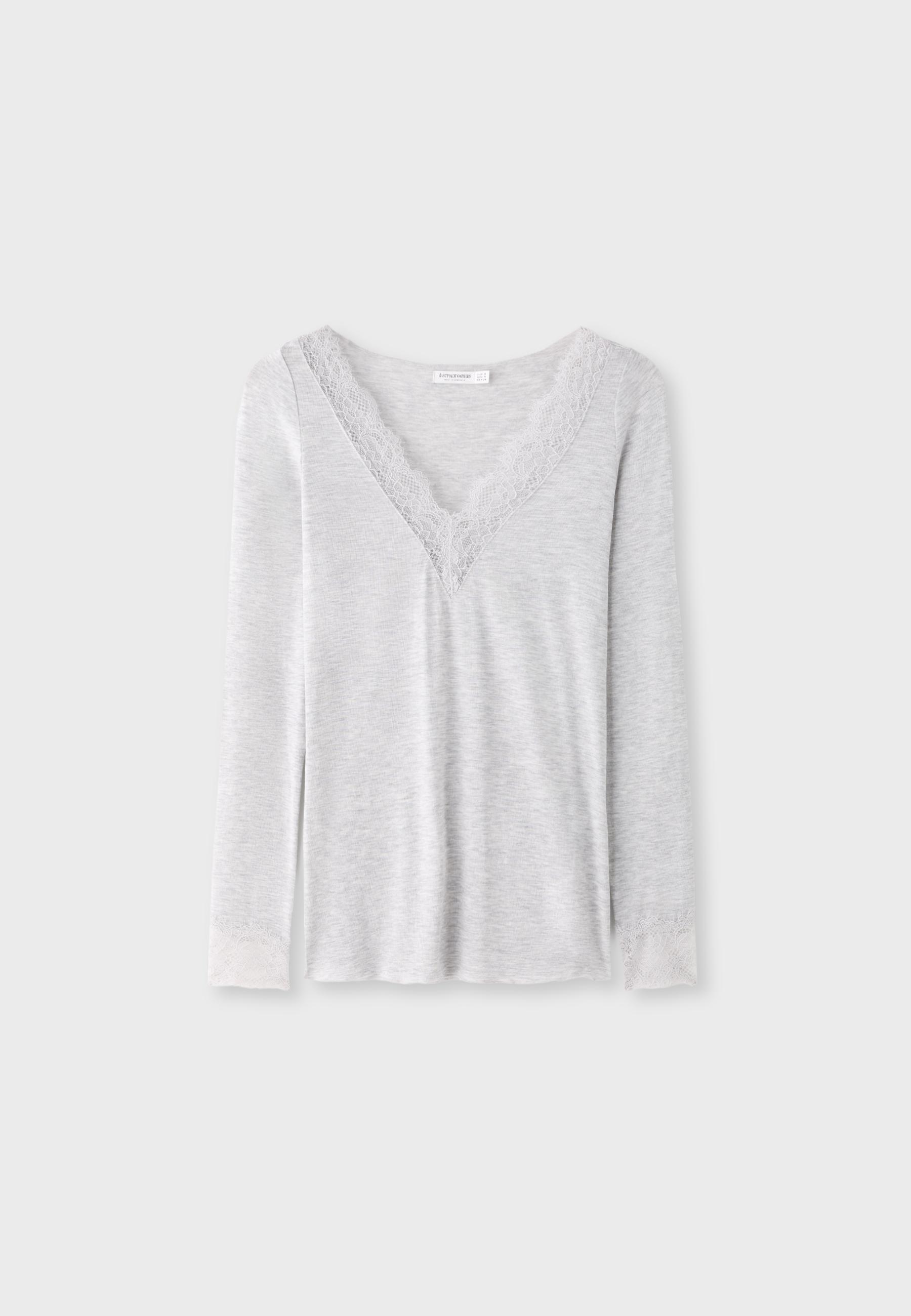 Stradivarius Kaşmir uzun kollu v yaka t-shirt görsel 4