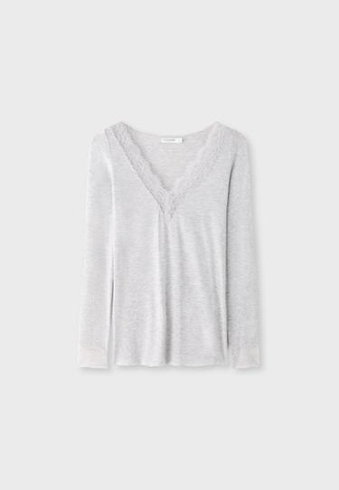 Cashmere V-neck long sleeve T-shirt — Grey melange 8