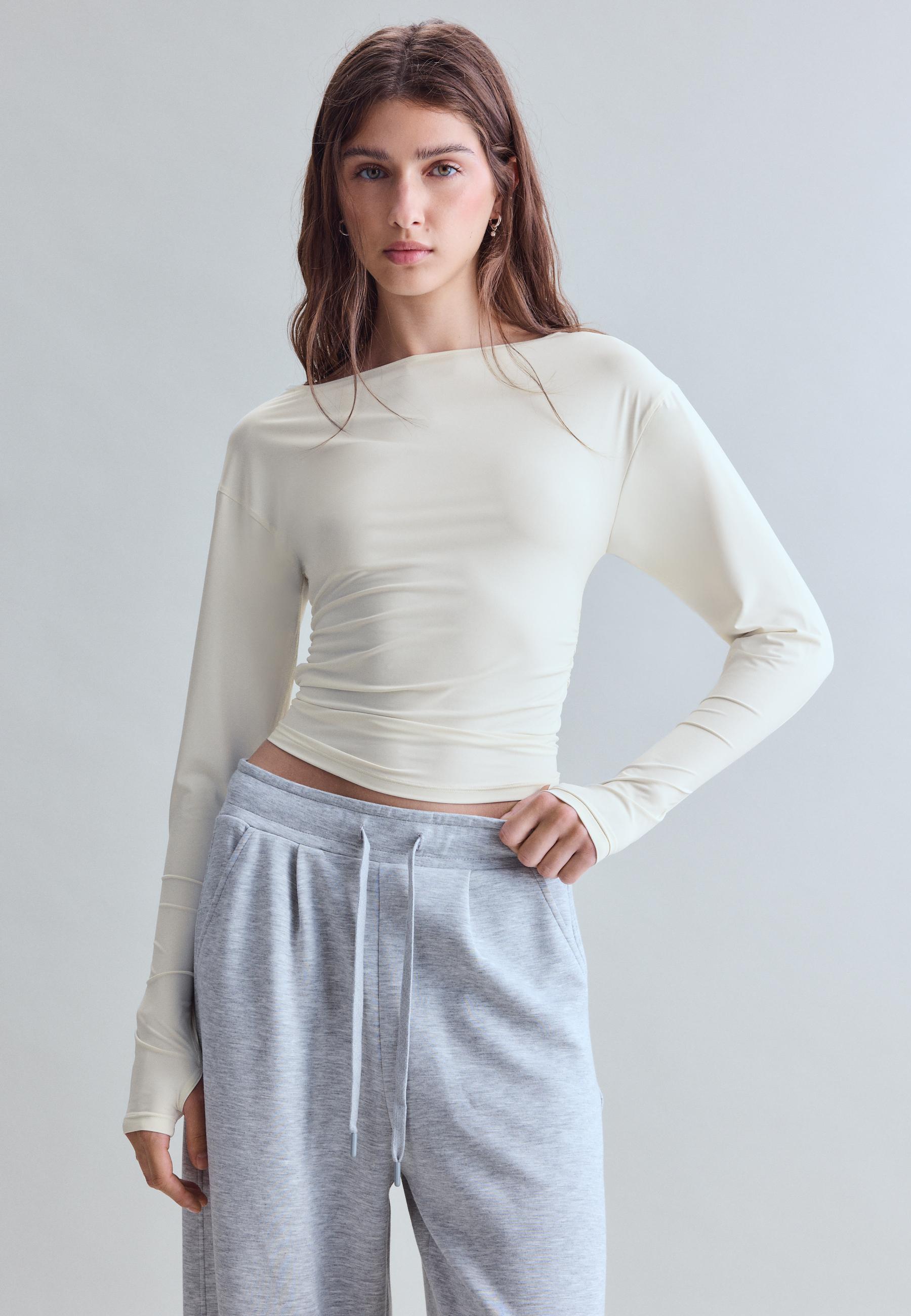 Long sleeve gathered polyamide T-shirt — Ecru