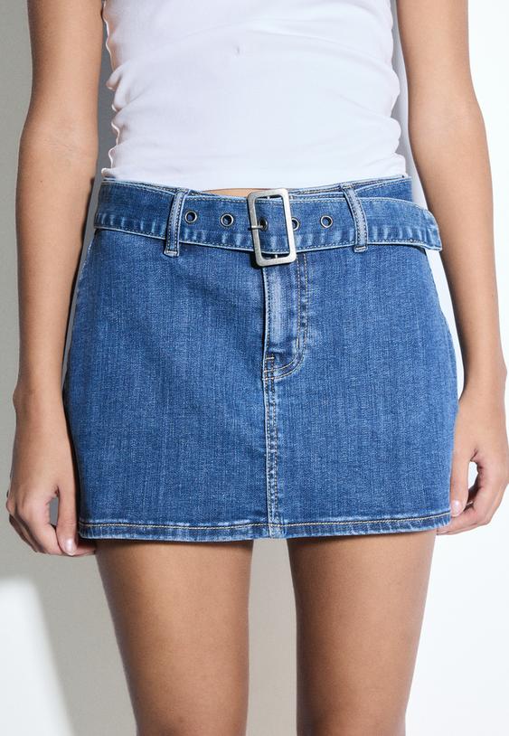 Stradivarius Jupe-Culotte En Jean Avec Ceinture Denim Bleu Moyen Délavé 34