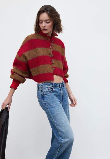 Striped funnel neck knit cardigan — Beige 1